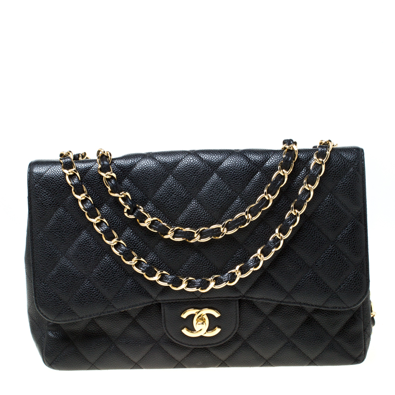 Pre Owned Chanel Black Quilted Caviar Leather Jumbo Classic Single Flap Bag