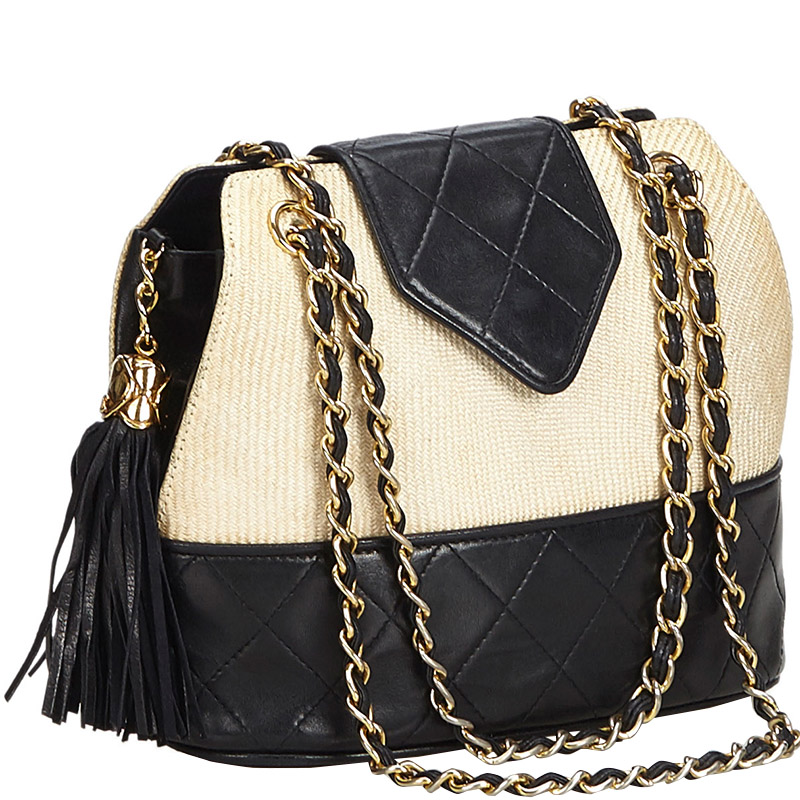 

Chanel White/Black Woven Raffia And Leather Chain Shoulder Bag