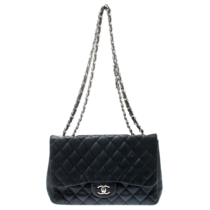 Pre Owned Chanel Navy Blue Quilted Leather Jumbo Classic Single Flap Bag