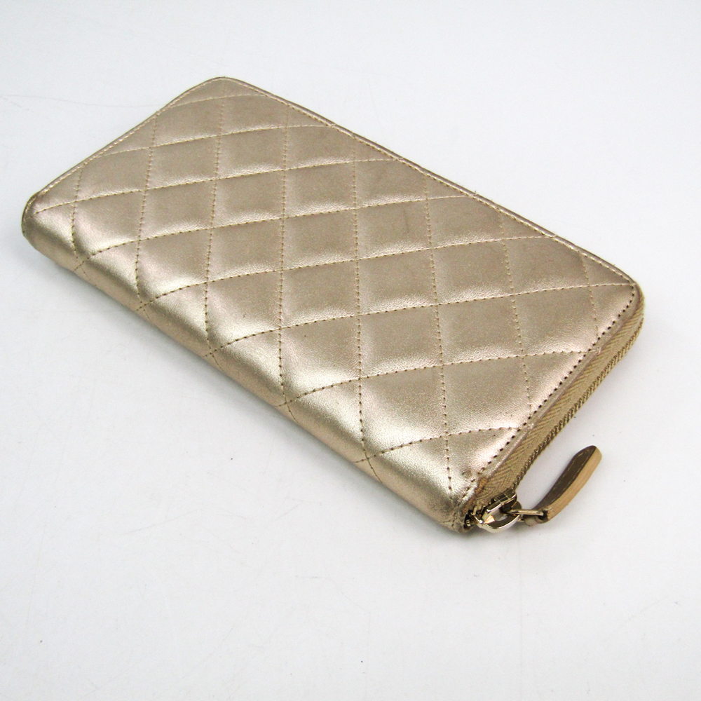 Chanel Gold Lambskin Leather Matelasse Zip Around Long Wallet