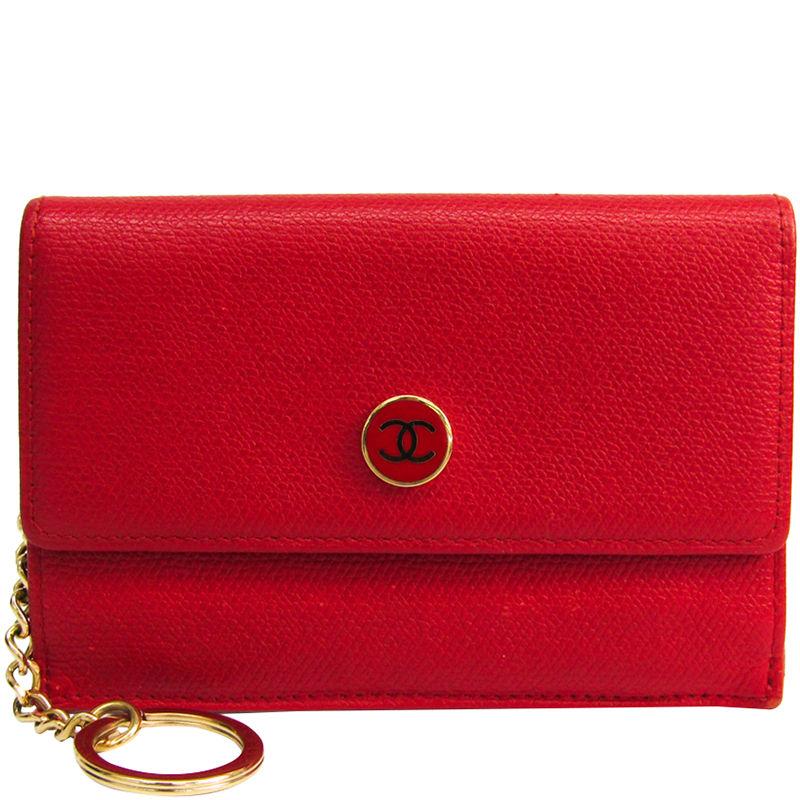 Chanel Red Calfskin Leather Coco Button Card Case