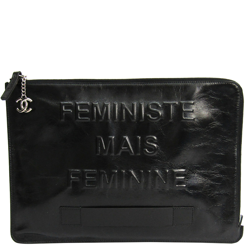 Pre Owned Chanel Black Calfskin Leather Femeniste Mais Feminine Zippy Pouch