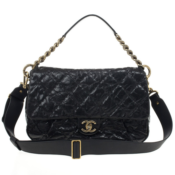 Chanel Black Quilted Glazed Cavier Leather Coco Pleats Messenger Bag