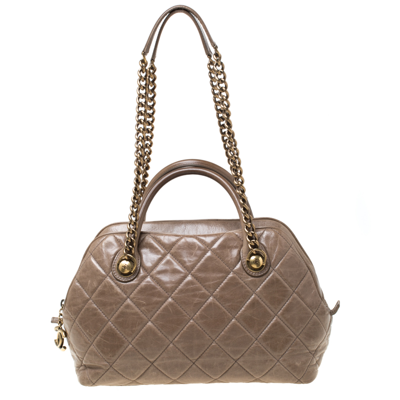 Pre Owned Chanel Khaki Quilted Leather Castle Rock Satchel