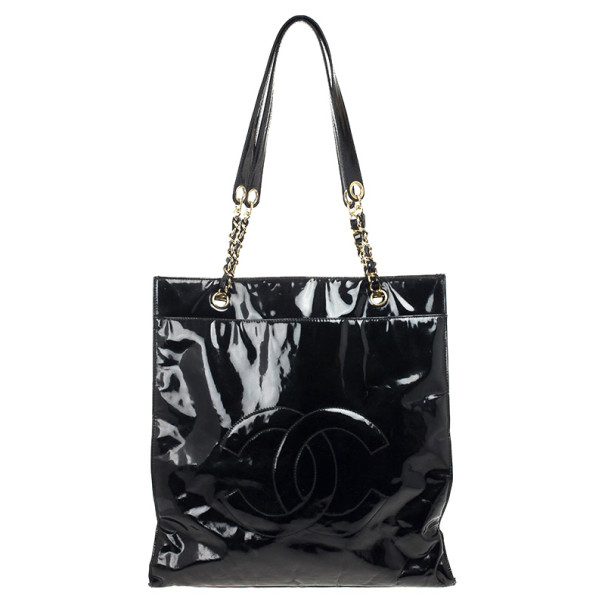 Pre Owned Chanel Black Patent Leather CC Logo Jumbo Shopping Tote Bag