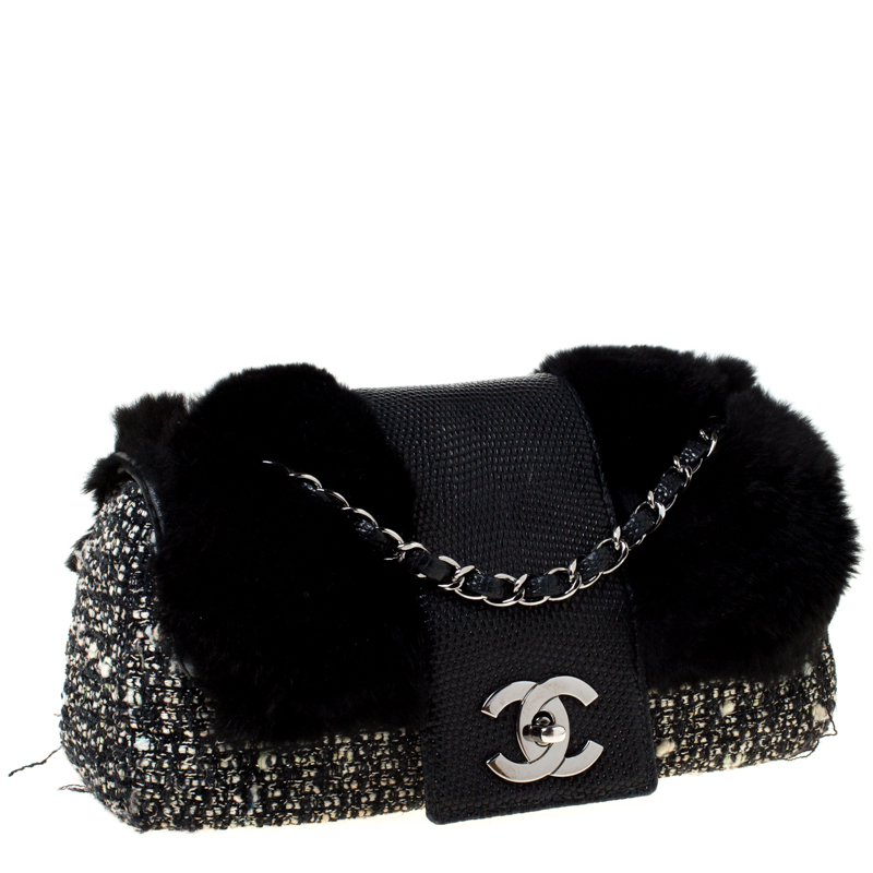 Chanel Black Tweed/Lizard Skin with Fur Trim Flap Shoulder Bag Chanel