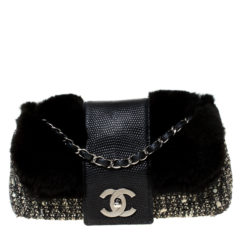 Pre Owned Chanel Black Tweed/Lizard Skin with Fur Trim Flap Shoulder Bag