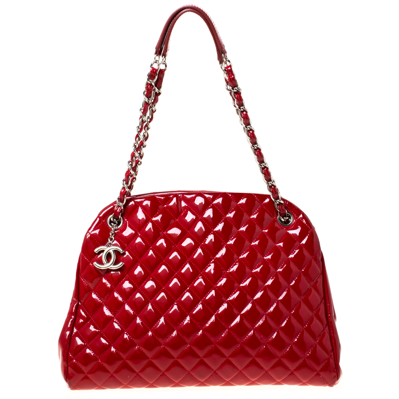 Pre Owned Chanel Red Quilted Patent Leather Medium Just Mademoiselle Bowler Bag