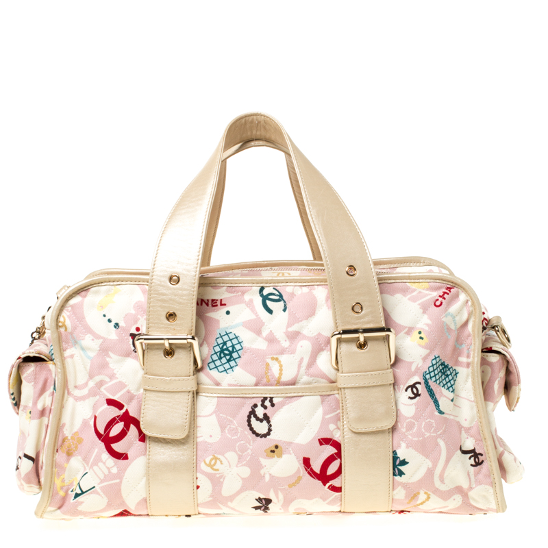 Chanel Pink Quilted Cotton Baby Animals Printed Canvas Satchel