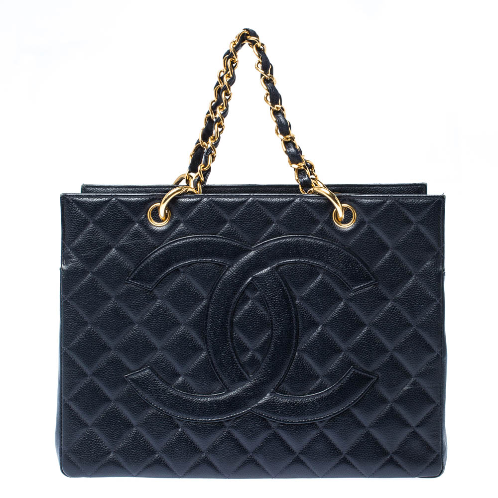 Pre Owned Chanel Navy Blue Quilted Caviar Leather Timeless Shopper Tote