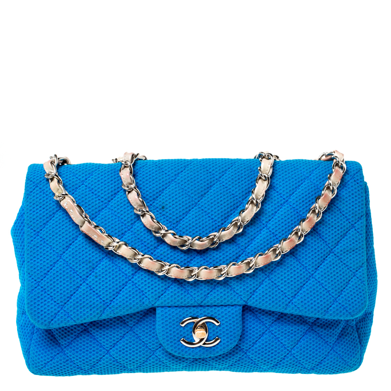 Chanel Blue Quilted Fabric and Patent Leather Perforated Classic Single  Flap Bag