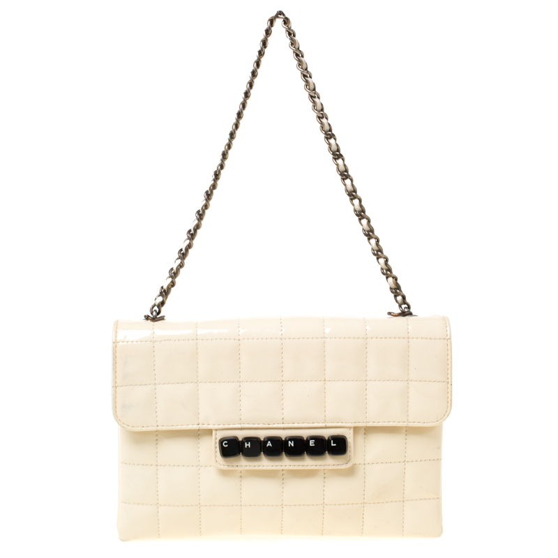 Chanel Cream Chocolate Bar Quilted Patent Leather Keyboard Flap Bag