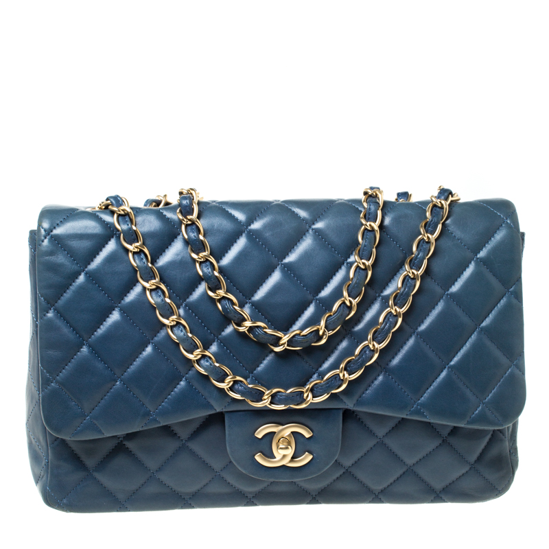 Chanel Teal Blue Quilted Leather Jumbo Classic Single Flap Bag Chanel ...