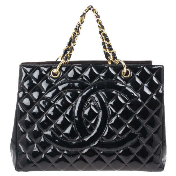 Pre Owned Chanel Black Vintage Patent Grand Shopping Tote GST