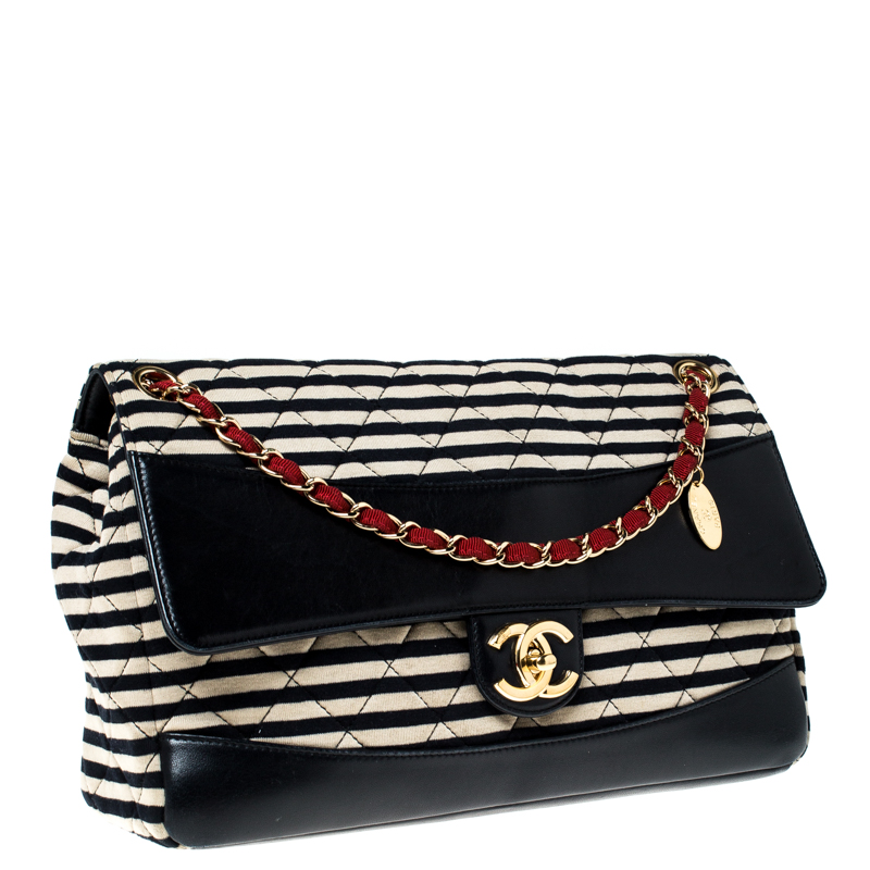 Pre-owned Chanel Tricolor Striped Jersey And Leather Large Coco Sailor  Shoulder Bag In Multicolor