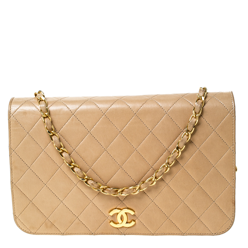 Pre Owned Chanel Beige Quilted Leather Vintage Flap Bag