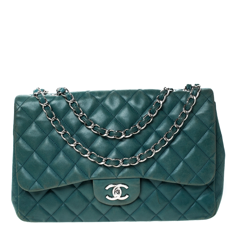 Pre-owned Chanel Green Quilted Leather Jumbo Classic Single Flap Bag ...