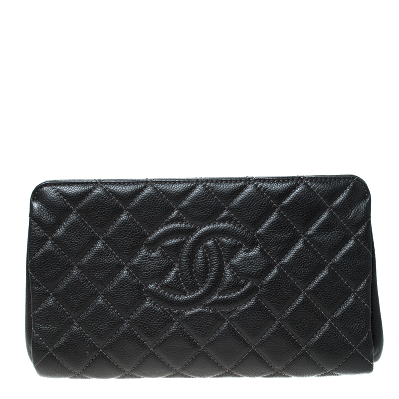 Pre Owned Chanel Dark Khaki Quilted Caviar Leather CC Clutch