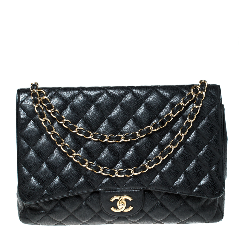 Chanel Black Quilted Caviar Leather Maxi Classic Single Flap Bag