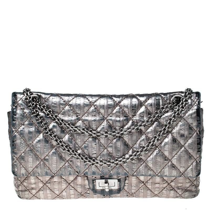 Chanel Silver Quilted Striped Leather Reissue 2.55 Classic 226 Flap Bag