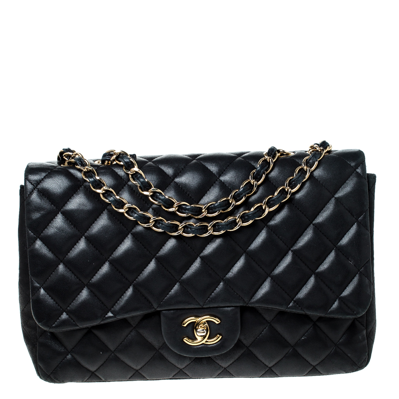 Pre Owned حقيبة شانيل جامبو كلاسيك جلد أسود مبطن بقلاب 