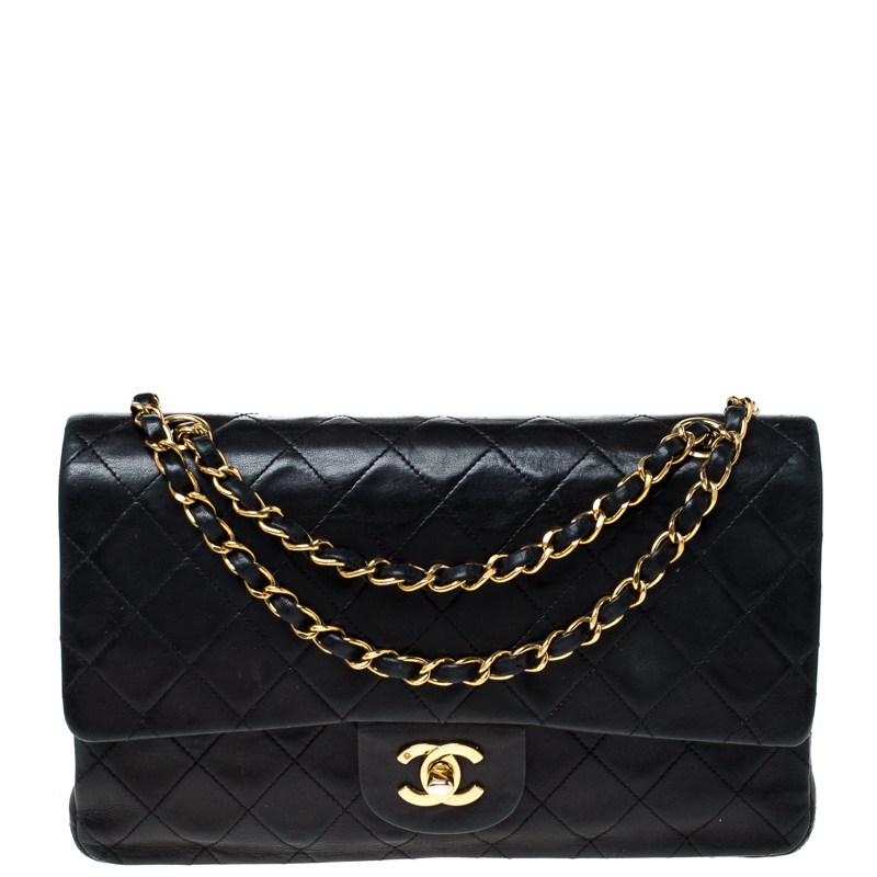 Pre Owned Chanel Black Quilted Leather Medium Vintage Classic Double Flap Bag