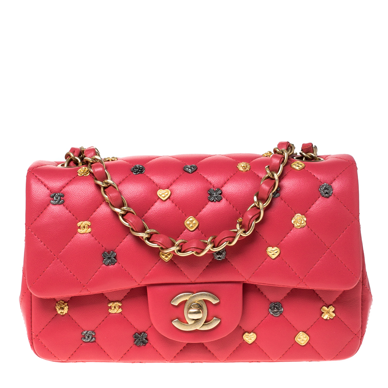 Chanel Coral Pink Quilted Leather Studded Flap Shoulder Bag