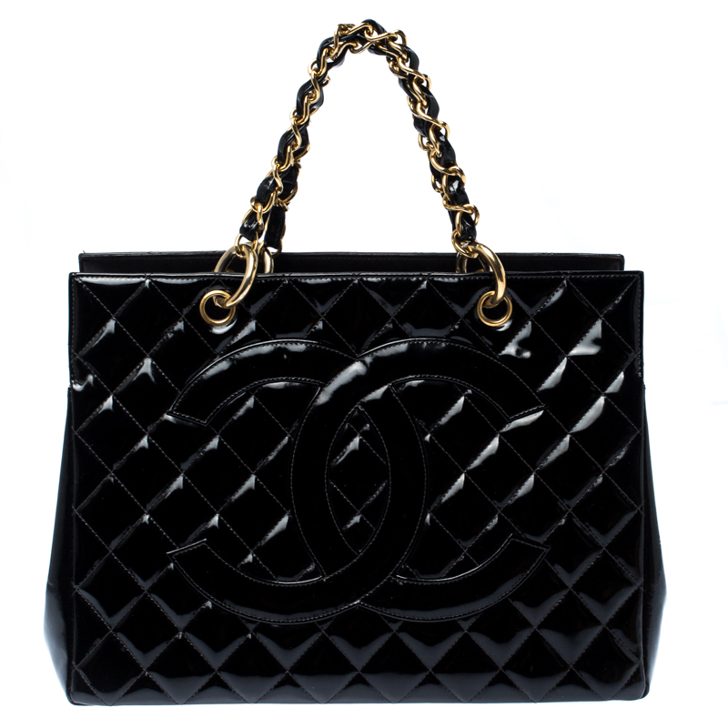 Chanel Black Quilted Patent Leather Petite Shopping Tote Chanel | The ...