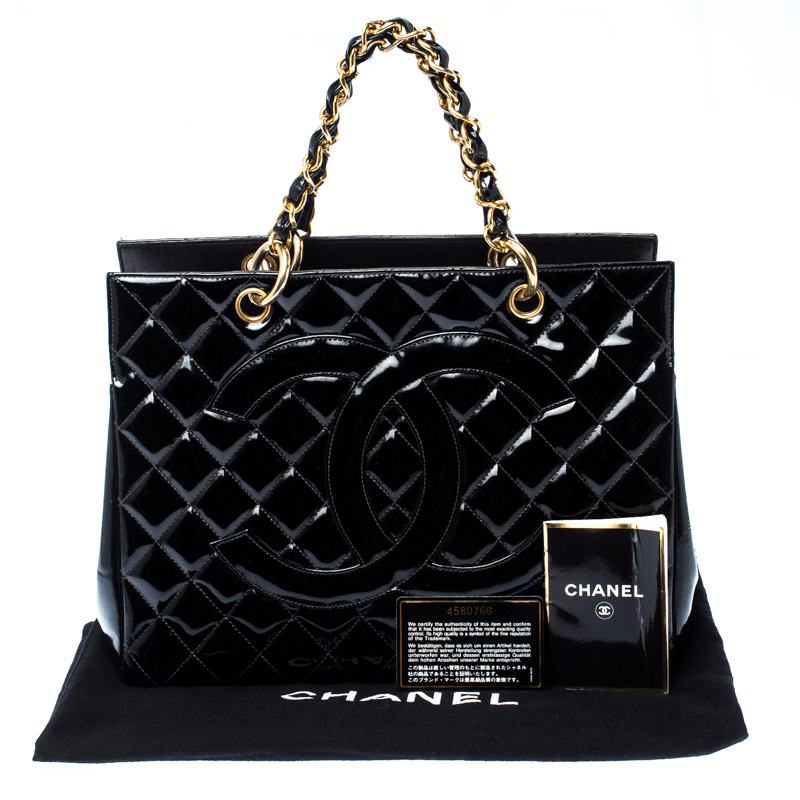 Chanel Black Quilted Patent Leather Petite Shopping Tote Chanel TLC