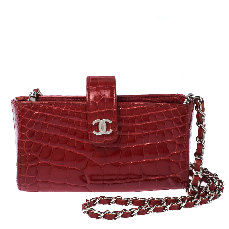Chanel Red Crocodile iPhone Chain Pouch