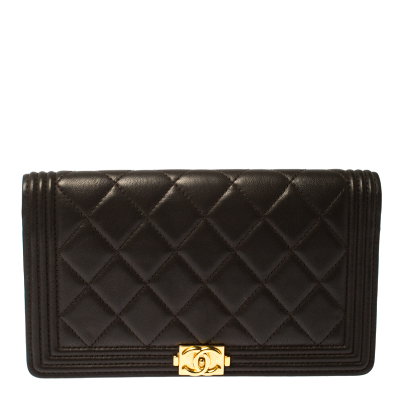 Chanel Dark Grey Quilted Leather Boy Flap Long Wallet