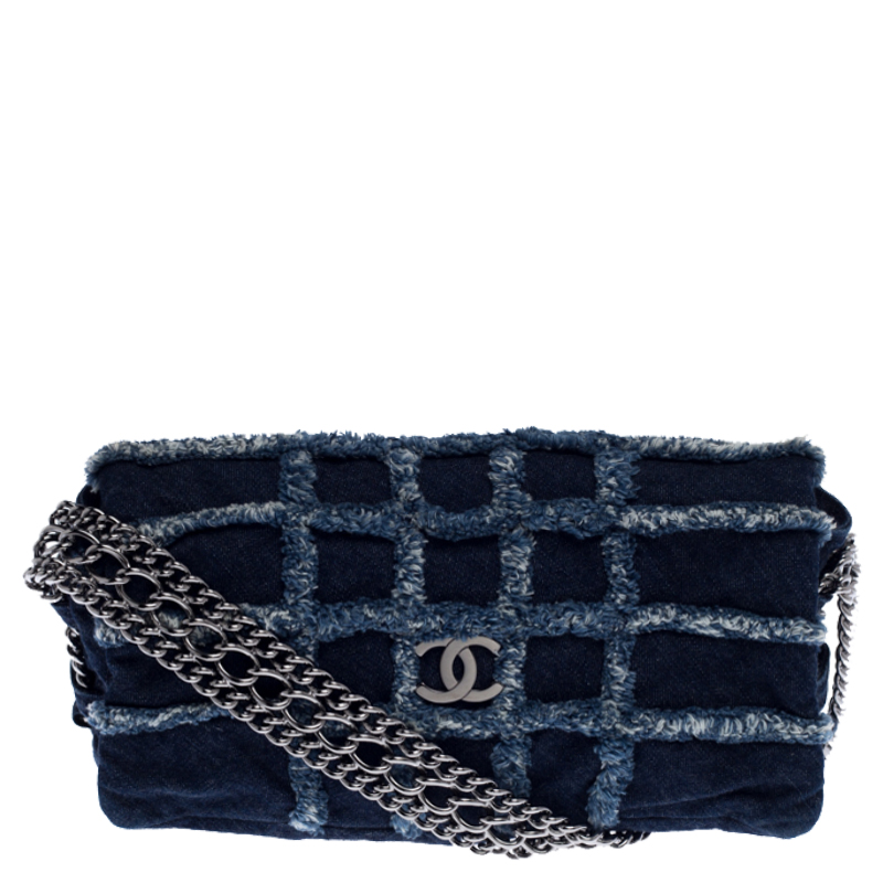 Chanel Blue Quilted Denim Flap Triple Chain Shoulder Bag
