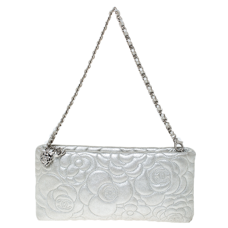 Chanel Silver Lambskin Leather Camellia Pochette Bag