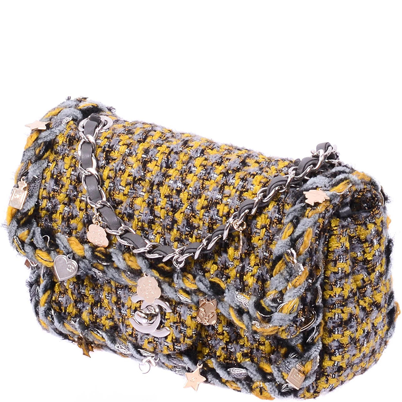 66979 auth CHANEL yellow & grey 2017 CHARMS TWEED SMALL FLAP