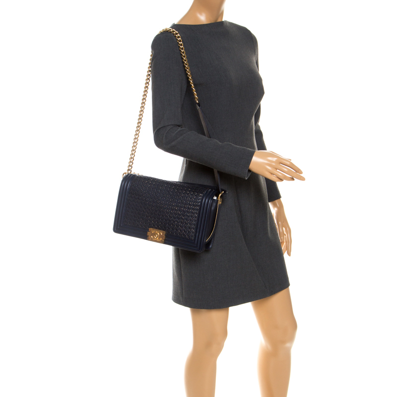 

Chanel Blue/Gold Woven Leather New Medium Boy Flap Bag