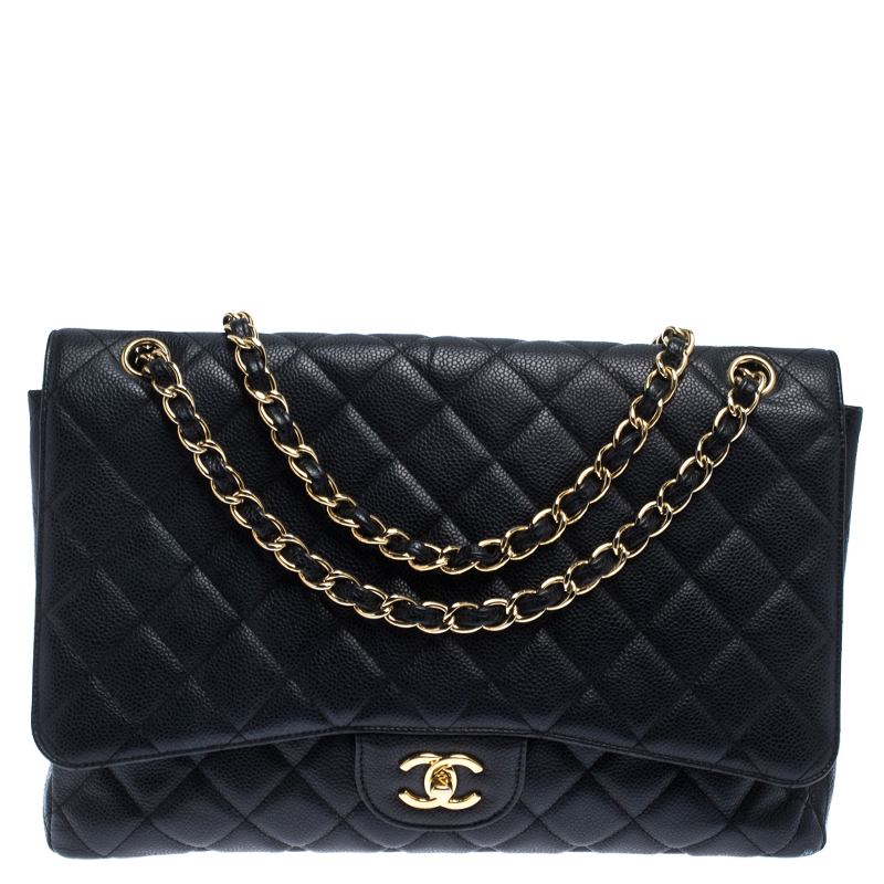 مملوكة مسبقًا حقيبة شانيل قلاب مفرد كلاسيك ماكسي جلد كافيار مبطنة سوداء