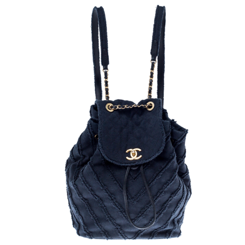 Chanel Navy Blue  Chevron Denim Medium Drawstring Patchwork Backpack                        