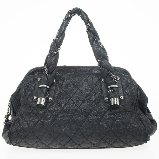 Pre Owned Chanel Black Quilted Distressed Leather Lady Braid Bowler Bag