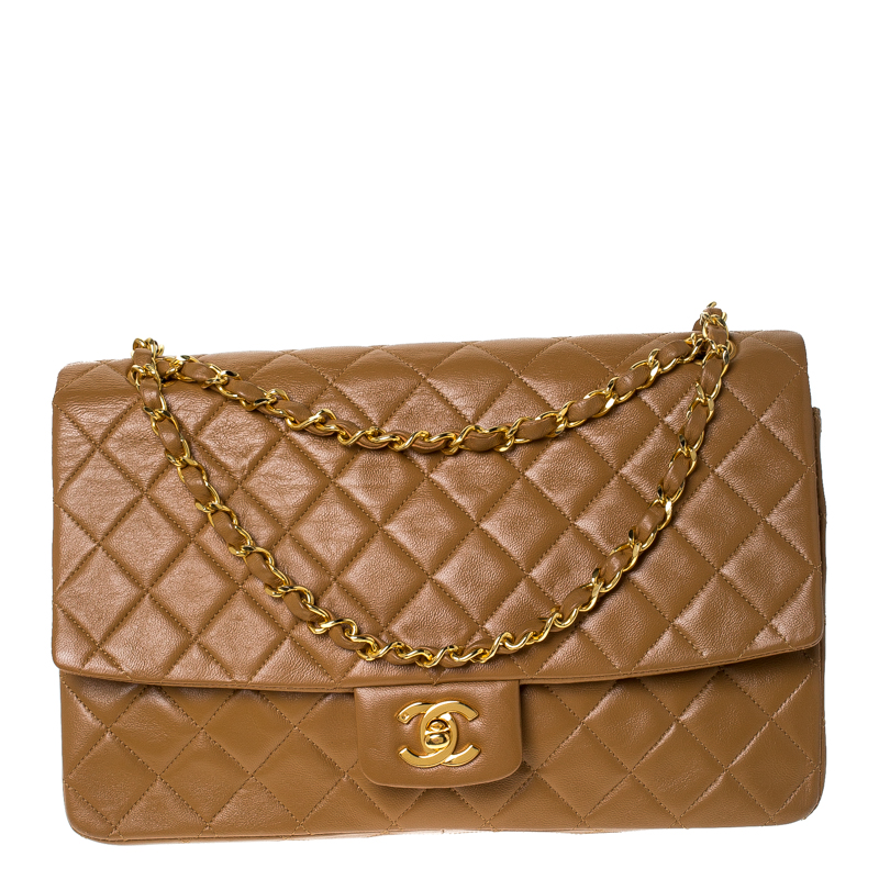 Pre Owned Chanel Beige Quilted Leather Vintage Classic Single Flap Bag