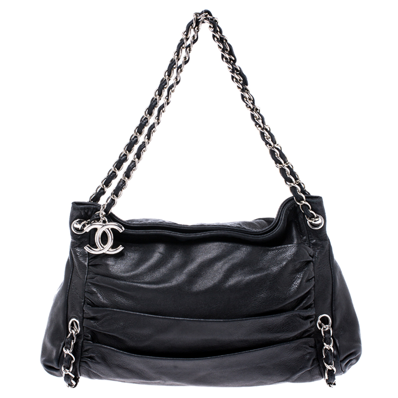  Chanel Black Pleated Leather Chain Shoulder Bag