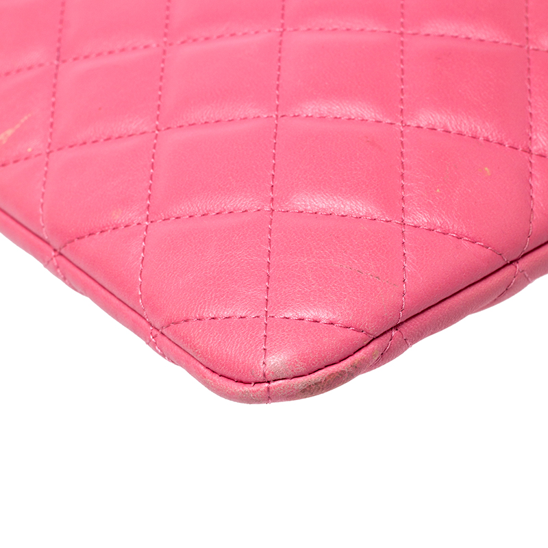 Chanel Pink Quilted Lambskin Leather Large O-Case Zip Pouch Chanel