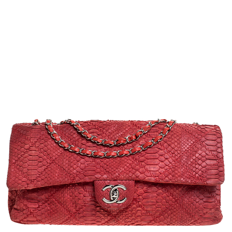 Chanel Orange Quilted Python Leather Large Ultimate Stitch Flap Bag