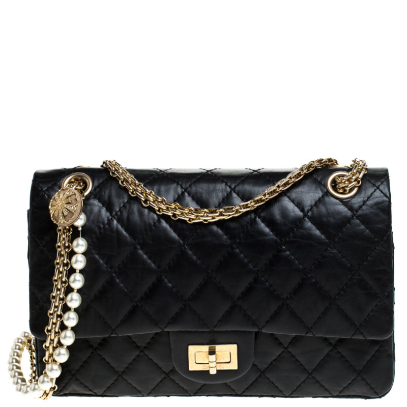 Chanel Black Quilted Aged Calfskin Mirror Charm Imitation Pearl Chain 255  Reissue East West Double Flap Gold Hardware 2006 Available For Immediate  Sale At Sothebys