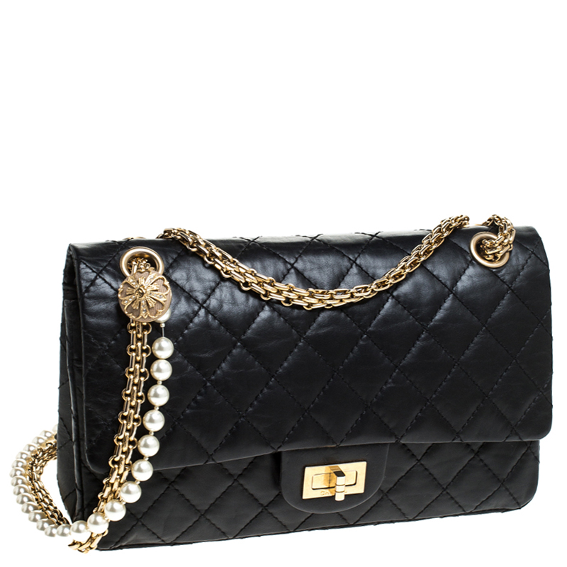 Chanel Black Quilted Aged Calfskin Mirror Charm Imitation Pearl Chain 2.55 Reissue East West Double Flap Gold Hardware, 2006 , Womens Handbag