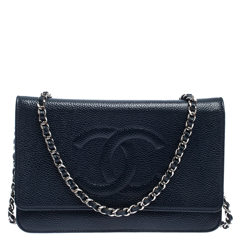 Chanel Navy Blue Caviar Leather Wallet On Chain