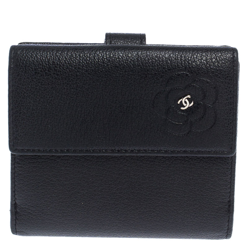 Chanel Black Leather Camellia Compact Wallet
