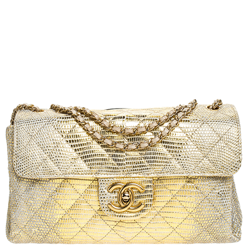 Chanel Gold Lizard Leather Classic Flap Shoulder Bag