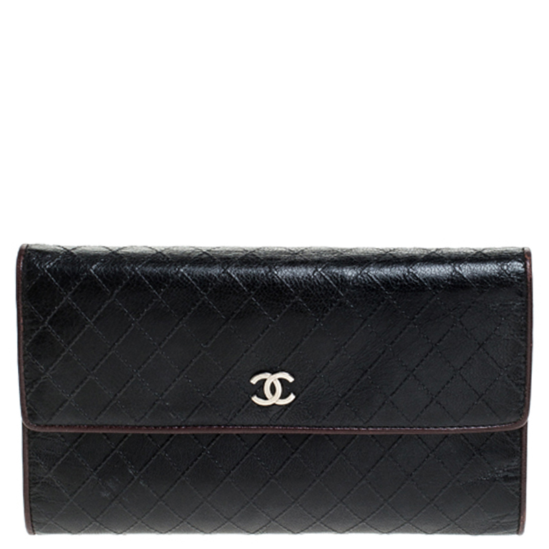 Pre Owned Chanel Black Quilted Leather Diamond Stitched Continental Flap Wallet