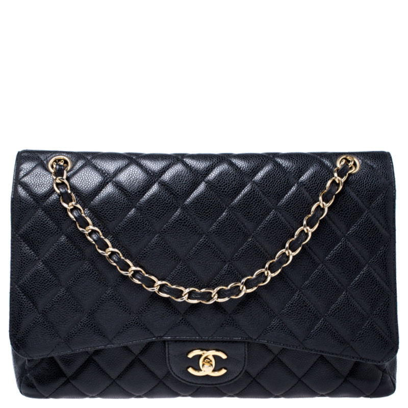 Pre Owned Chanel Black Quilted Caviar Leather Maxi Classic Single Flap Bag