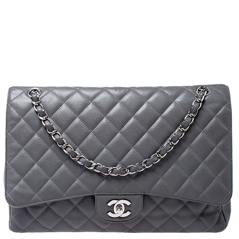 Chanel Grey Quilted Caviar Leather Maxi Classic Single Flap Bag Chanel